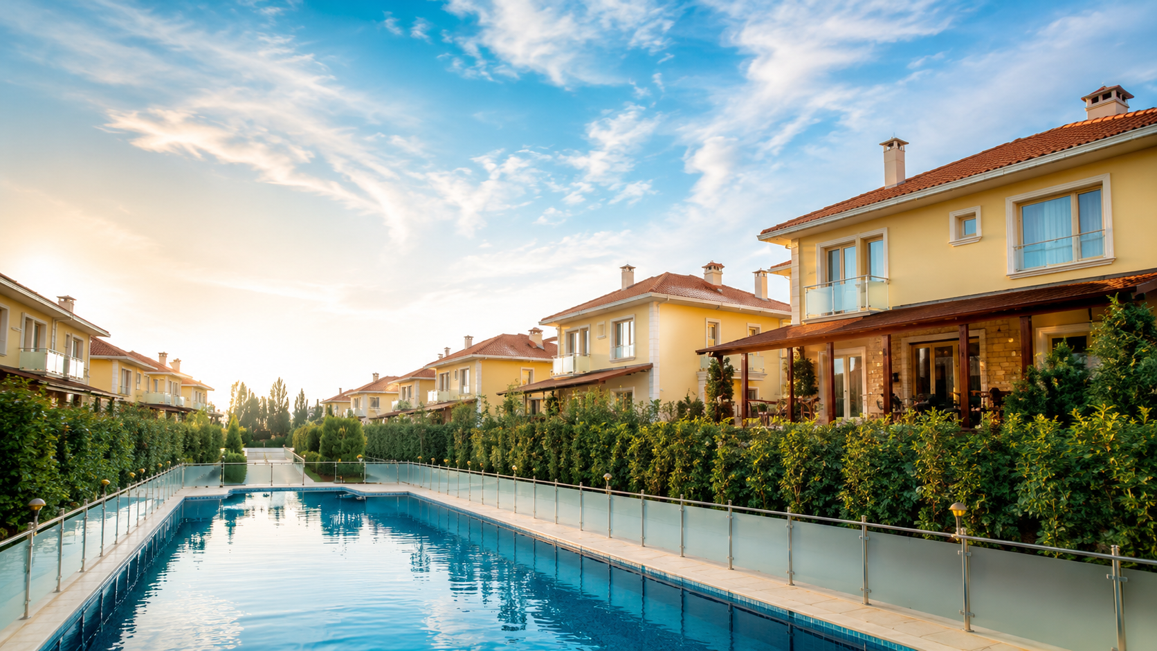 Astaş İnşaat Mercan Village villa projesinin ortak yüzme havuzu ve villa sırası görünümü