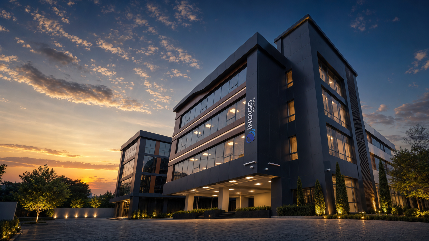 Astaş İnşaat Indigo Plaza kurumsal ofis binası projesi, alacakaranlıkta cephe görünümü